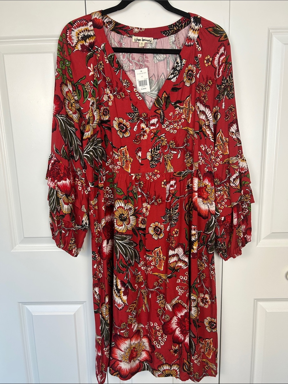 Hope Springs Red Floral V-Neck Long-Sleeve Midi Dress Size XL